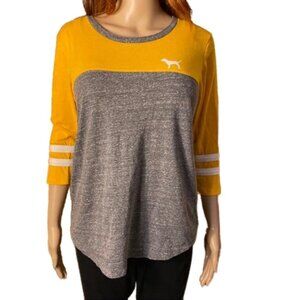 PINK Victoria's Secret Yellow & Gray 3/4 Sleeve Rugby T-shirt Size S